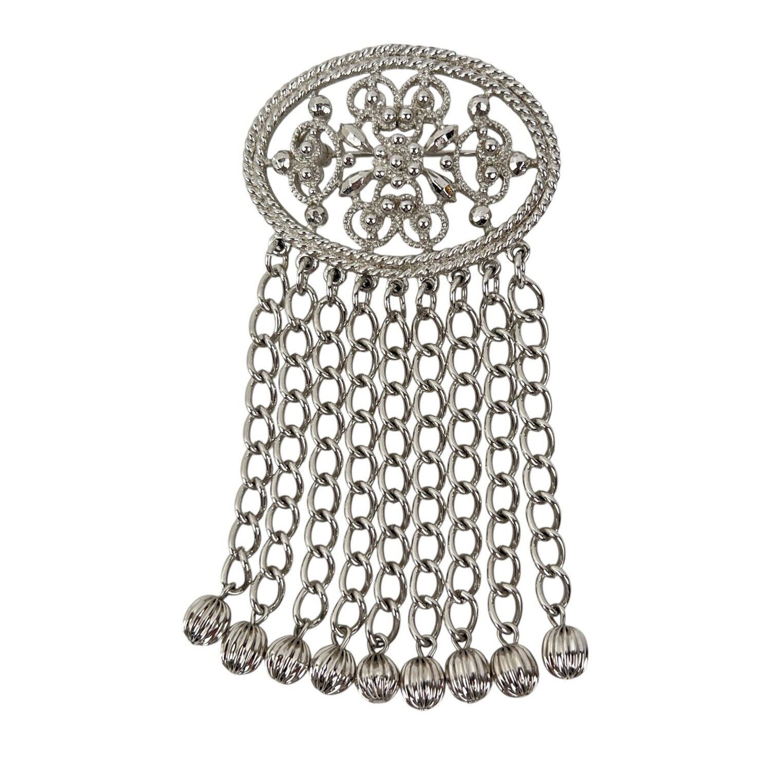 Sarah Coventry Brooch Fashion In Motion Silver Tone Filigree Dangle Tassel Vtg